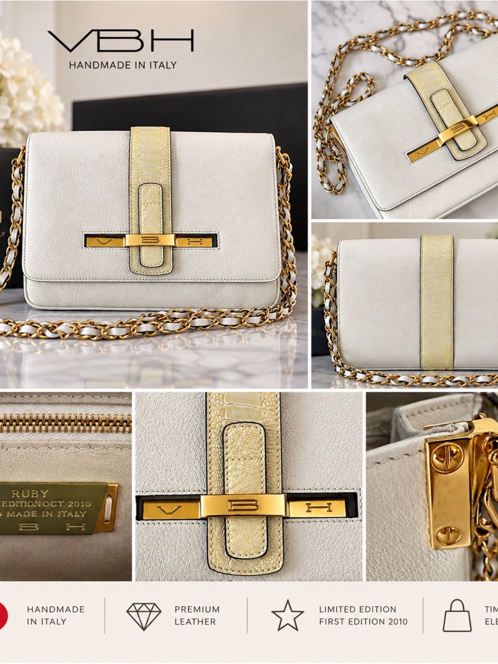Authentic VBH Cream & Gold Leather Chain Crossbody Bag